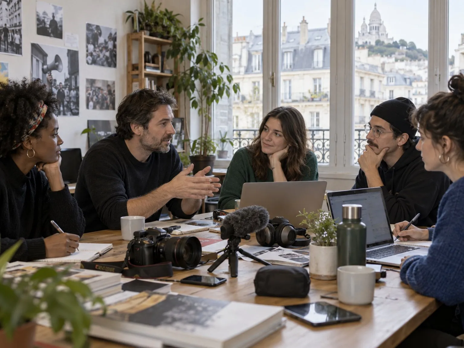 Bénévoles réunis autour d'un tableur de budget associatif avec documents et ordinateur